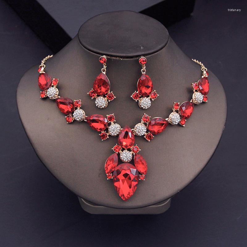 

Necklace Earrings Set Fashion Red Crystal Bridal For Women Earring Wedding Choker Bride Prom, Picture shown