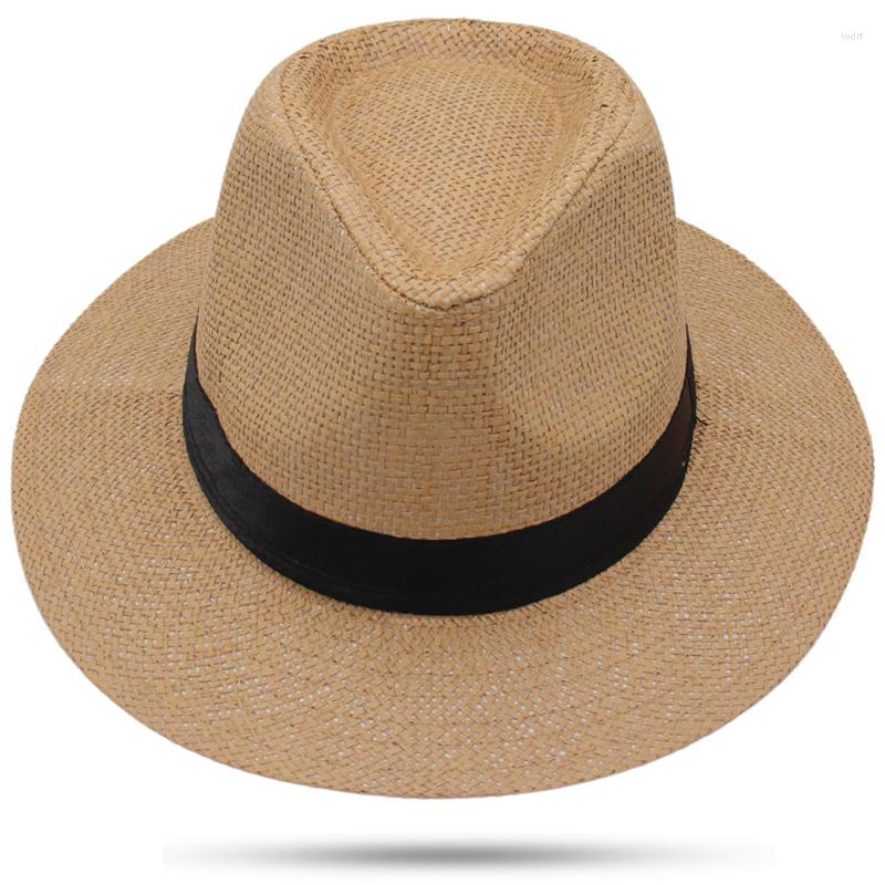 

Berets Vintage Men Panama Hats Summer Straw Caps Solid Color Casual Jazz Hat Top Women Beach Sun Anti-UV Wide Brim Cap 57-62cm, Khaki