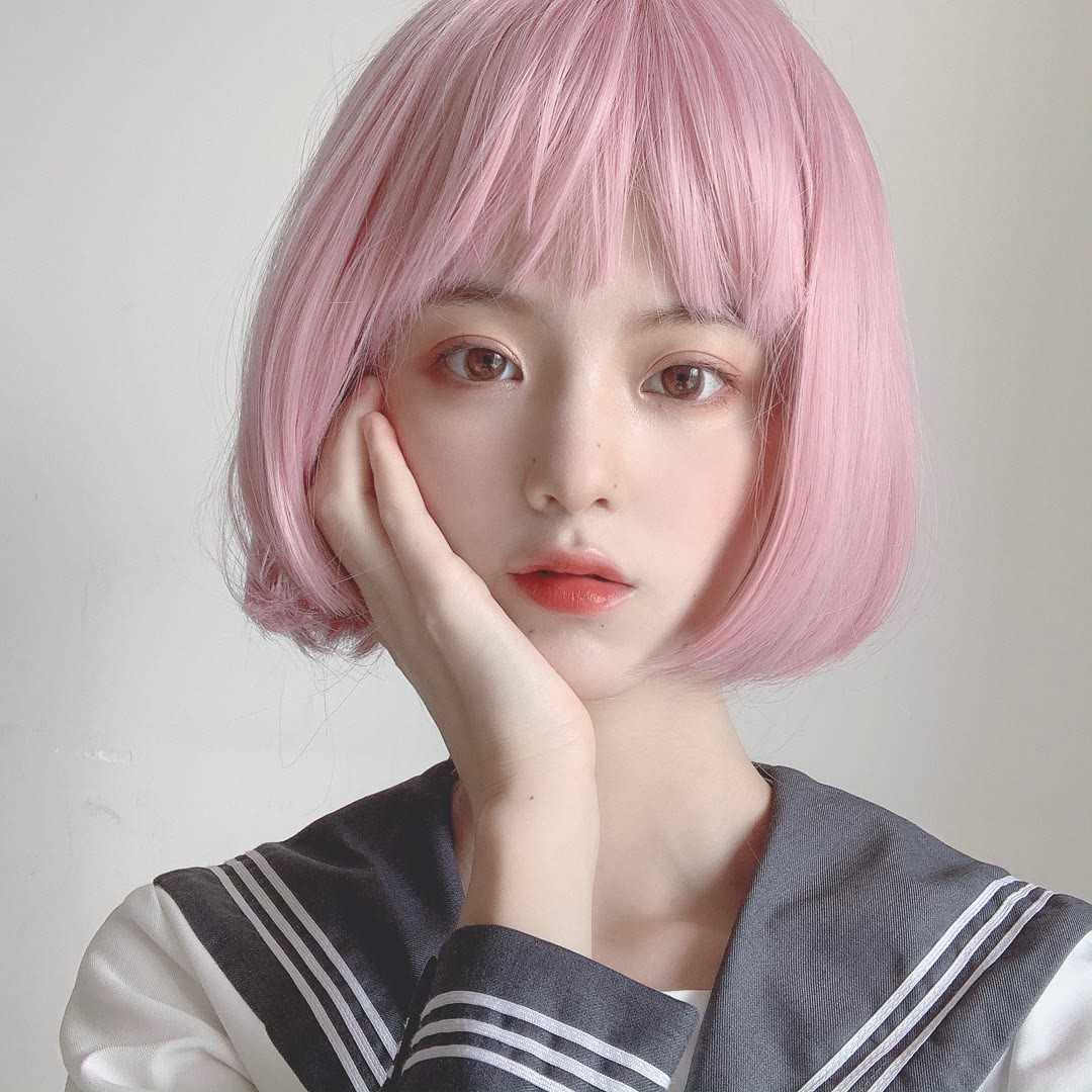 

Hair Lace Wigs Wig Female Short Straight Hair Bobo Natural Trim Face Pink ffy Student Air Bangs Head Cover, Black