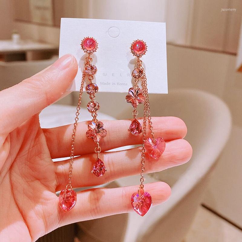 

Dangle Earrings MENGJIQIAO Korean Luxury Pink Heart Flower Crystal Tassel Long Drop For Women Girls Fashion Pendientes Party Jewelry