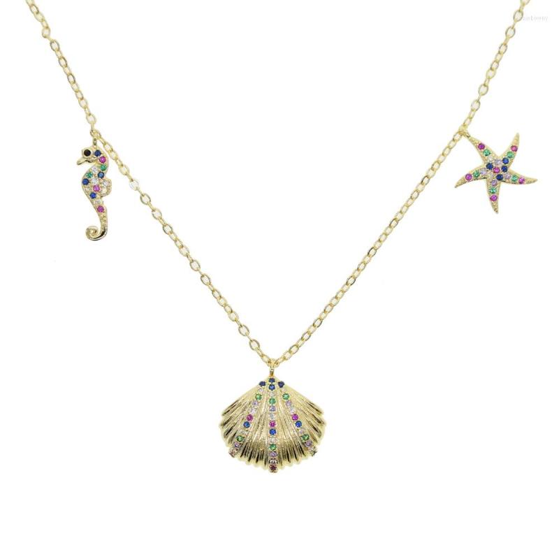 

Choker 2022 Gold Green Colorful Cz Fashion Jewelry Cute Sea Horse Starfish Shell Pendant Necklace For Women Summer Beach