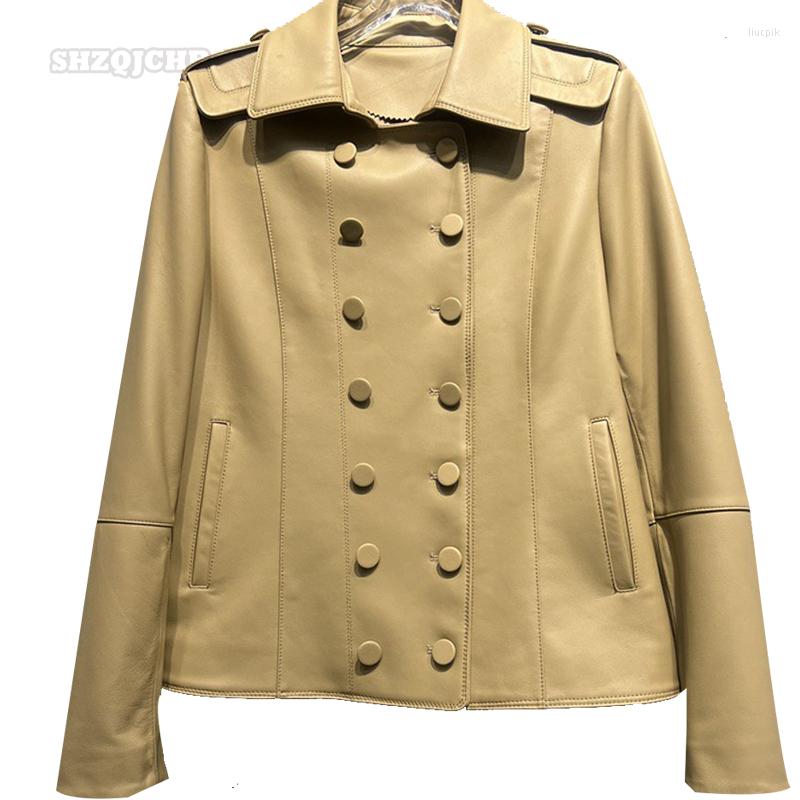 

Women' Leather Genuine Coat Autumn Winter Fashion Style Double Row Button Shoulder Strap Sheepskin Short For Women, Black