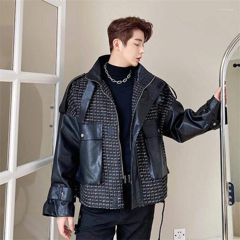 

Men's Jackets Retro Plaid Leather Jacket Men's Short Coats Loose Functional Korean Version Small Fragrance Style Ruffian Handsome Fried, Black
