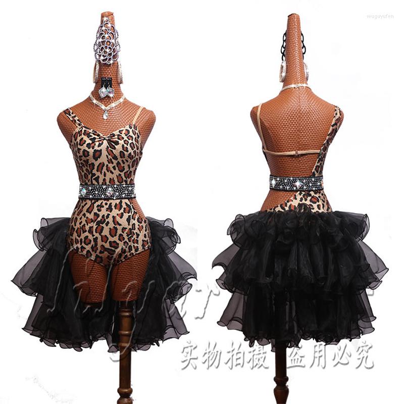 

Stage Wear Latin Dance Dress Skirt Competition Costumes Performing Adult Customize Children Leopard Print Black Beading D, 1dance dress 1belt