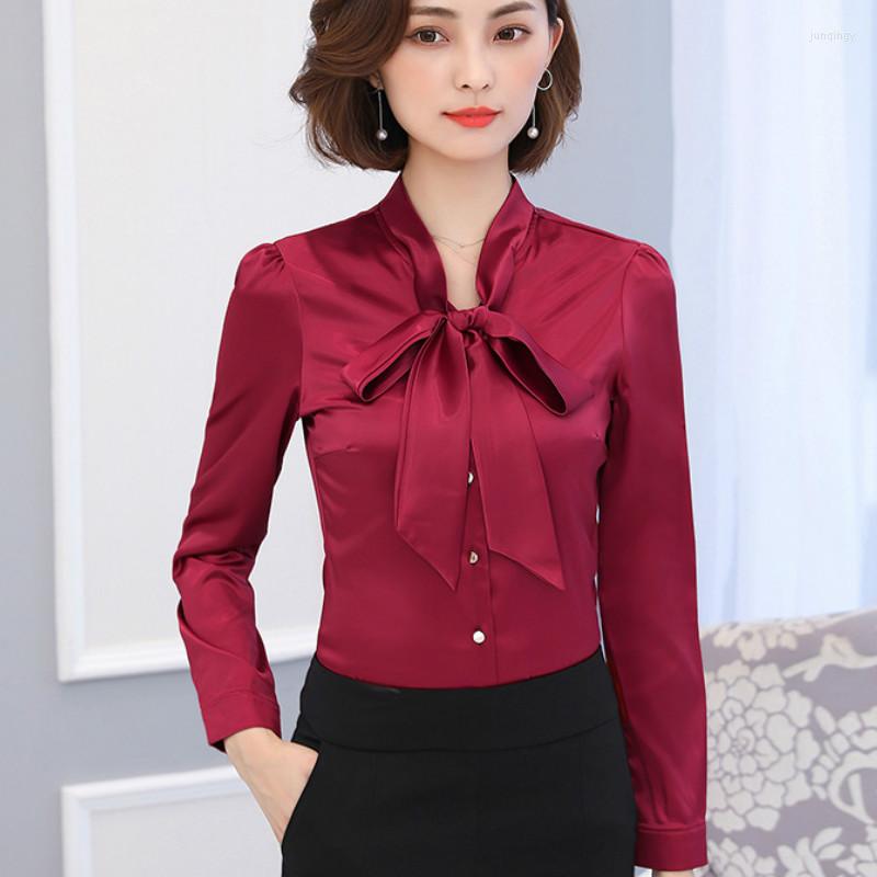 

Women' Blouses 2022 Autumn Elegant Long Sleeve V Neck Bow Tie Satin Shirts Women Office Work Lady OL Tops, White