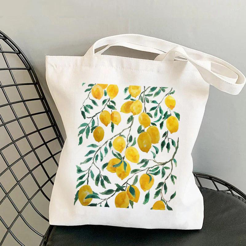 

Evening Bags Yellow Lemon Print Canvas Bag Harajuku Shoulder Student Fashion Tote Shopping