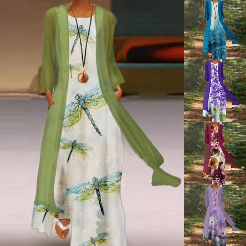 

Work Dresses 2Pcs/Set Floral Print Dress Set Women Sleeveless Maxi Loose Long Sleeve Cardigan Outwear Two Piece Suit, Blue