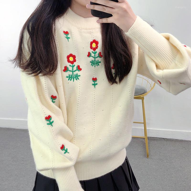 

Women' Sweaters Sweater 2022 Autumn Winter Flower Embroidered Round Neck B Pullover White Long Sleeve Women' Lantern Top Jumper, Apricot