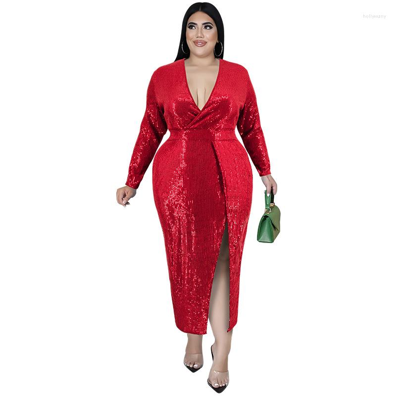 

Plus Size Dresses Big Beautiful Women Fashion Dress Long Sleeve V Neck Robe Female Sequins Shinny Party Vestidos Lady's