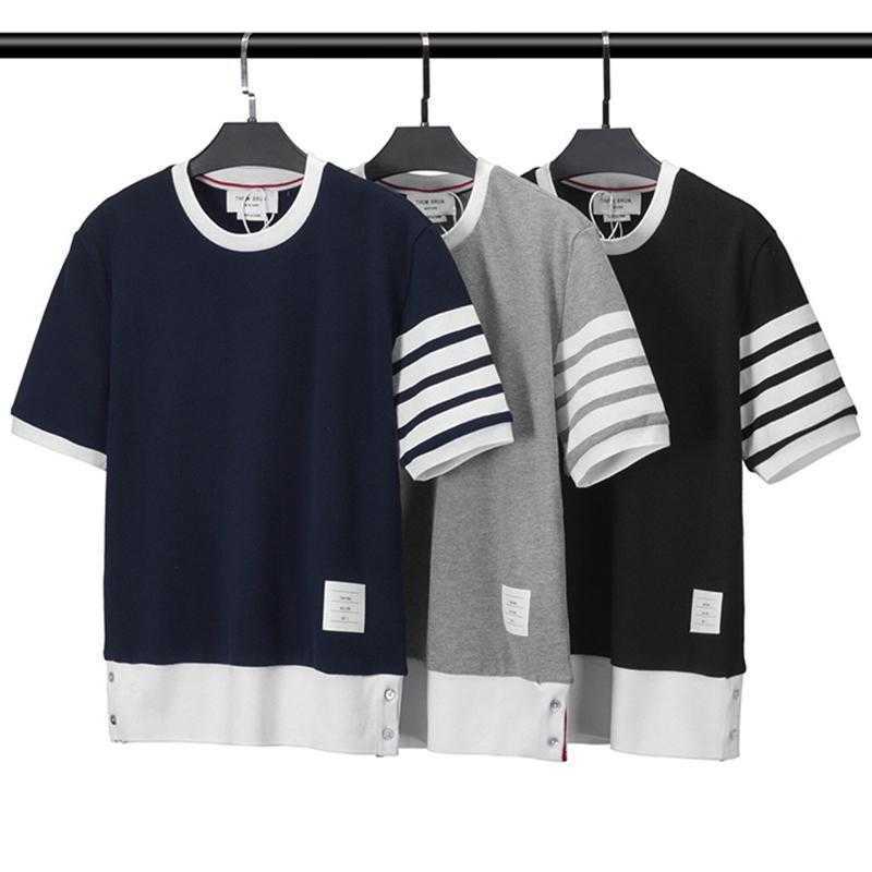 

Fashion Mens Designer T Shirt Thomes Brownns Womens Trendy Brand Tb Summer Dyed Stripe Four Bar Contrast Color Splice Casual Pearl Cotton Short Sleeve T-shirt Men, Gray