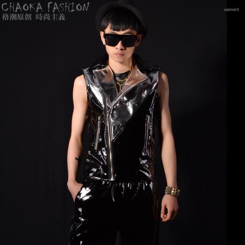 

Men' Vests 2022 Korean Fashion Slim The Paint Color Mosaic Stunning Leather Vest Djds Locomotive Bar Singer Dance Performance Costumes, Picture shown