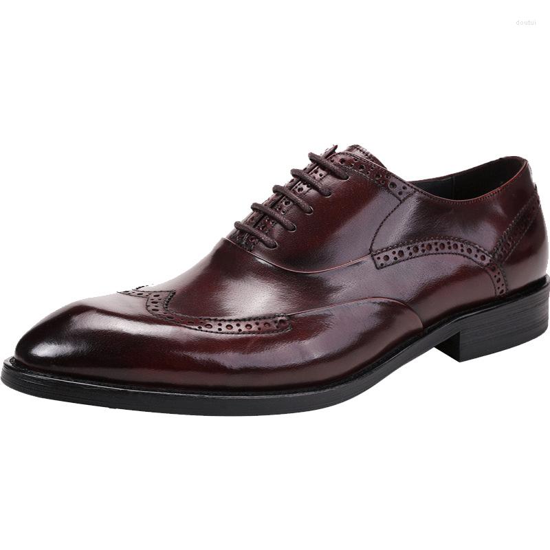 

Dress Shoes Fashion Elegant Gentlmen Men's Formal Genuine Leather Pointed Lace Up Brogue Oxford For Men Flats Moccasins, Dark brown