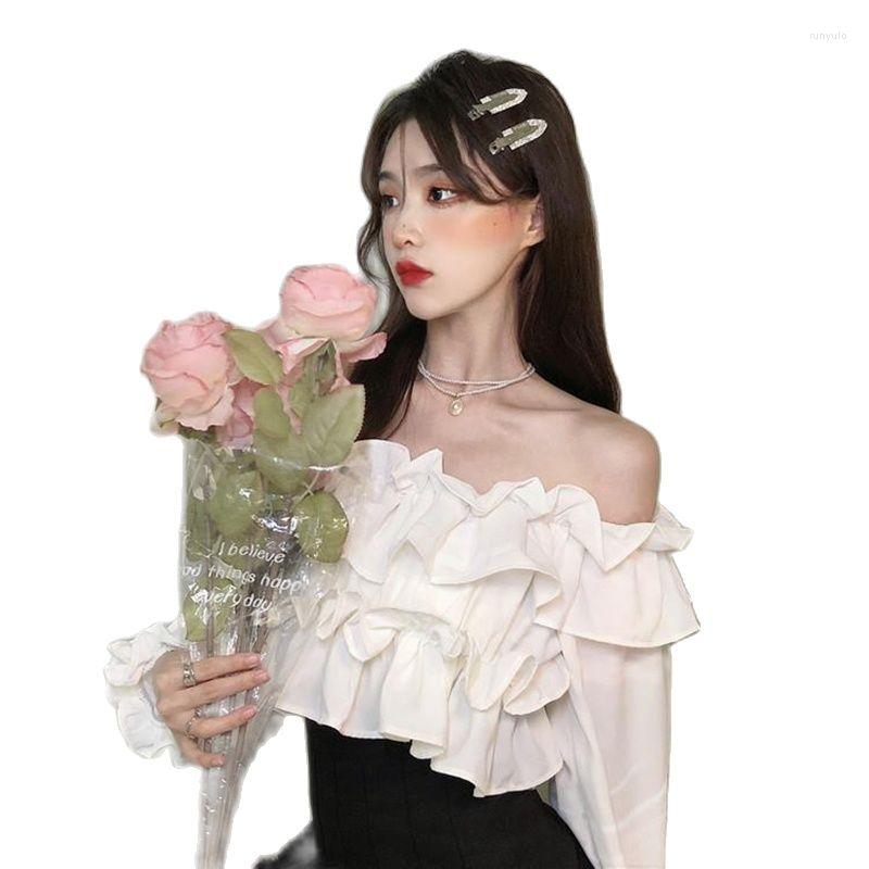 

Women' Blouses Pure White Women' Pleated Solid Color Ruffled Lns Oblique Collar Sweet And Cute Summer Korean Fashion Slim Short Top, Bai