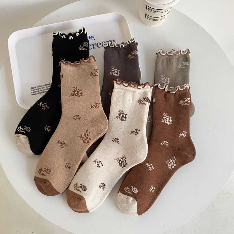 

Socks Hosiery Women Socks 2022 New Fashion Thick Winter Korean Style Cotton Floor Terry Crew Socks Ruffle Cute Flower Warm Casual High Quality T221102, Khaki