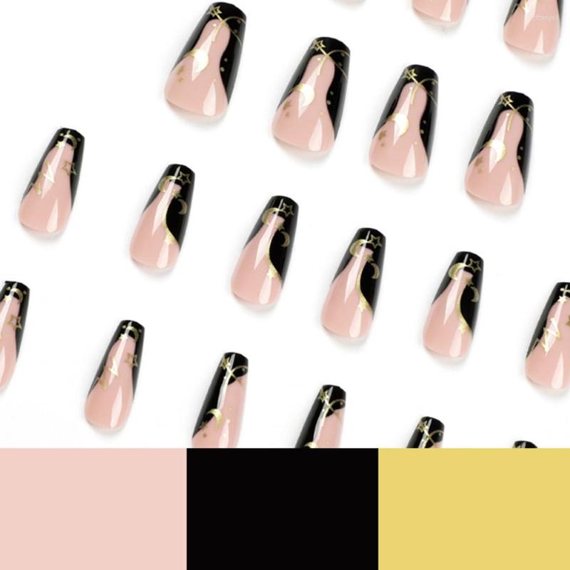 

False Nails 24Pcs Black Edge Star Moon Gold Foil French Fake For Women Nail Patch Press-on AC889, Jelly glue model