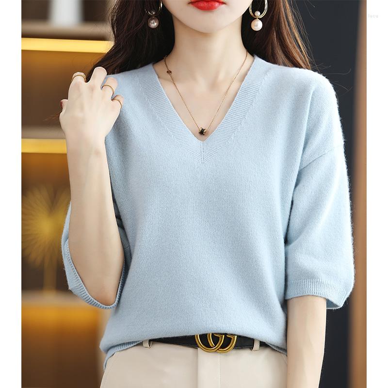 

Women' Sweaters 2022V-Neck Sweater Women Knit Short-Sleeve Wool T-Shirt Summer Pullovers Loose Thin Cashmere Solid Base Shirt Female Top, Black