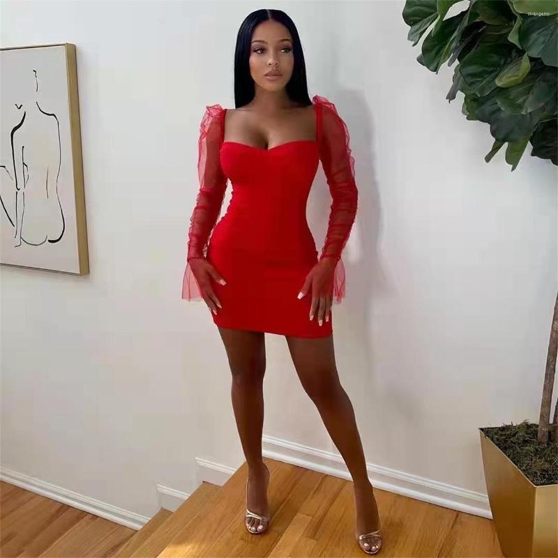

Casual Dresses Echoine Sheer Mesh Flare Sleeve Patchwork Mini Dress Sexy Skinny Bodycon Party Red Square Neck Elegant Vintage Vestidos, Black