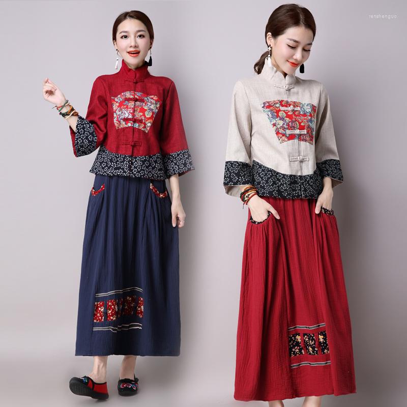 

Ethnic Clothing Women Retro Cheongsam Tops Hanfu Skirts Oriental Set Fashion Lady Elegant Chinese Style Qipao Dress Zen Tang Suit
