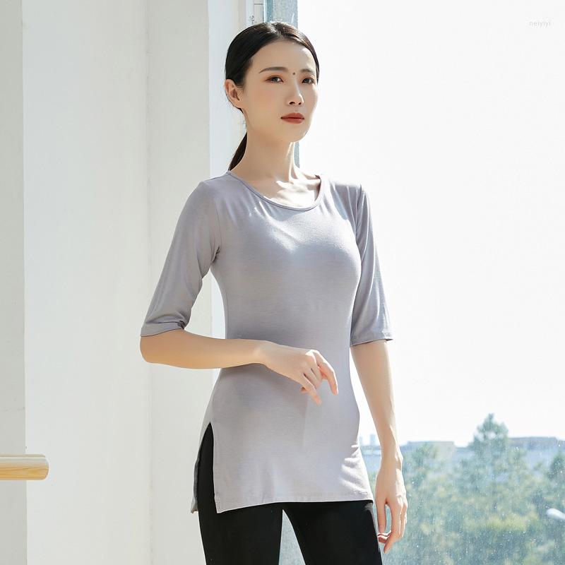 

Stage Wear Adult Comfortable Modal Belly Dance Long T Shirt Split Top Practice Costume For Women Dancing Clothes Dancer Clothing, Coral pink mid