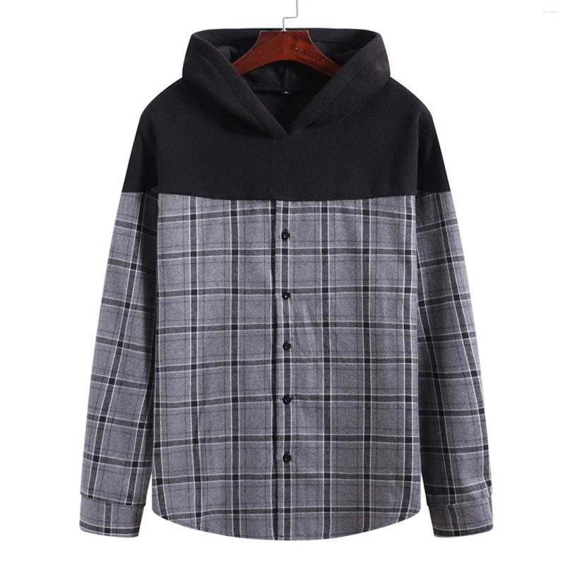 

Men's Hoodies Men's Casual Color Block Plaid Print Button Pullover Winter Long Sleeve Cotton Warm Hooded Harajuku Sweatshirt, Gray
