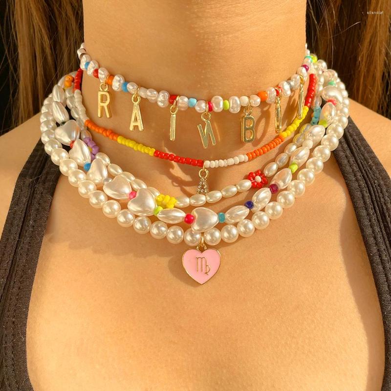 

Choker Flatfoosie Y2K Rainbow Letter Seed Beads Pearl Chain Necklace For Women Fashion Heart Flower Beaded Jewelry Gift