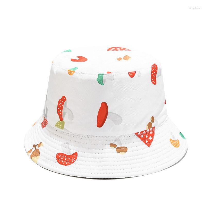 

Berets 2022 Reversible Bucket Hats For Women Mushroom Print Sport Beach Sunshine Fisherman Cap Female Panama Anti-sun Hip Hop