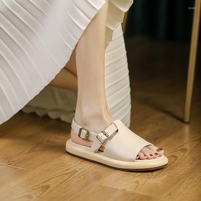 

Dress Shoes 2022 Summer Women Round Toe Thick Heel Sandals Casual Cow Leather Platform For Solid Comfort Flat, Beige