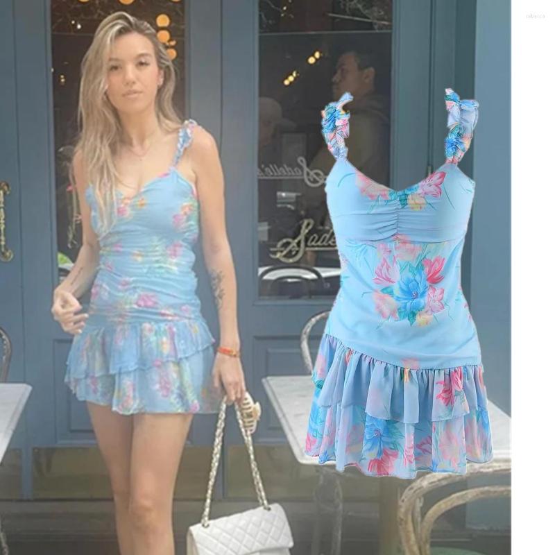 

Casual Dresses Maxdutti Ins Fashion Blogger Vintage Blue Floral Print Ruffles Beach Dress 2022 Summer Cascading Sexy Tank Women