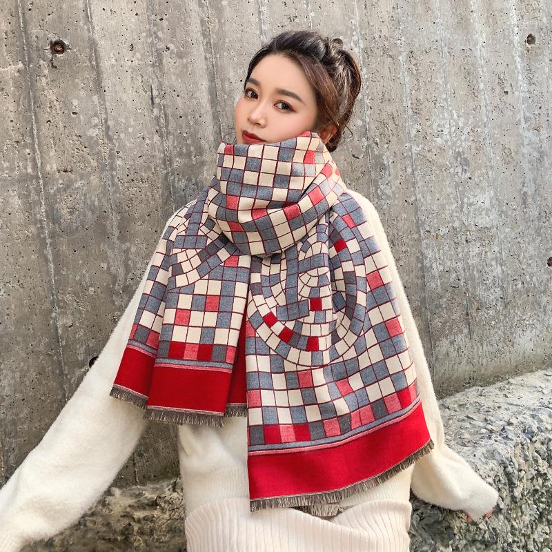 

Scarves Korean Version Of Colorful Plaid Faux Cashmere Scarf Women's Winter Students Wear Shawls With A Thick Neck 65x190cm