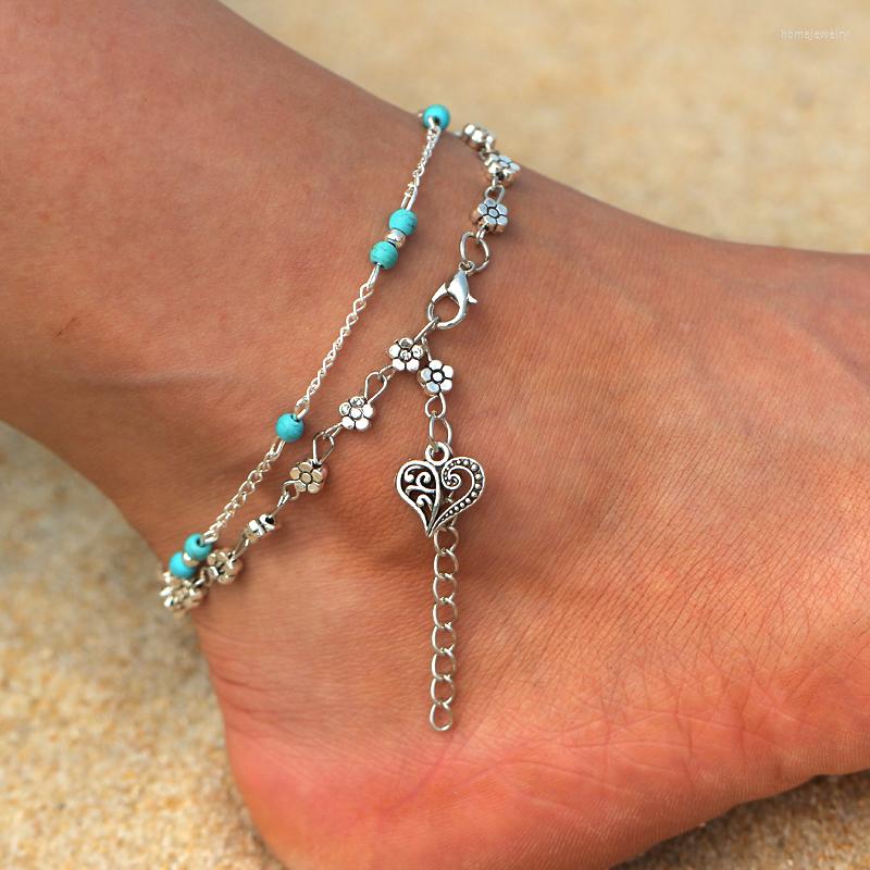 

Anklets Hesiod Boho Anklet Jewelry Heart Pattern Pendant Blue Beads For Beach Barefoot Sandals Foot Chain