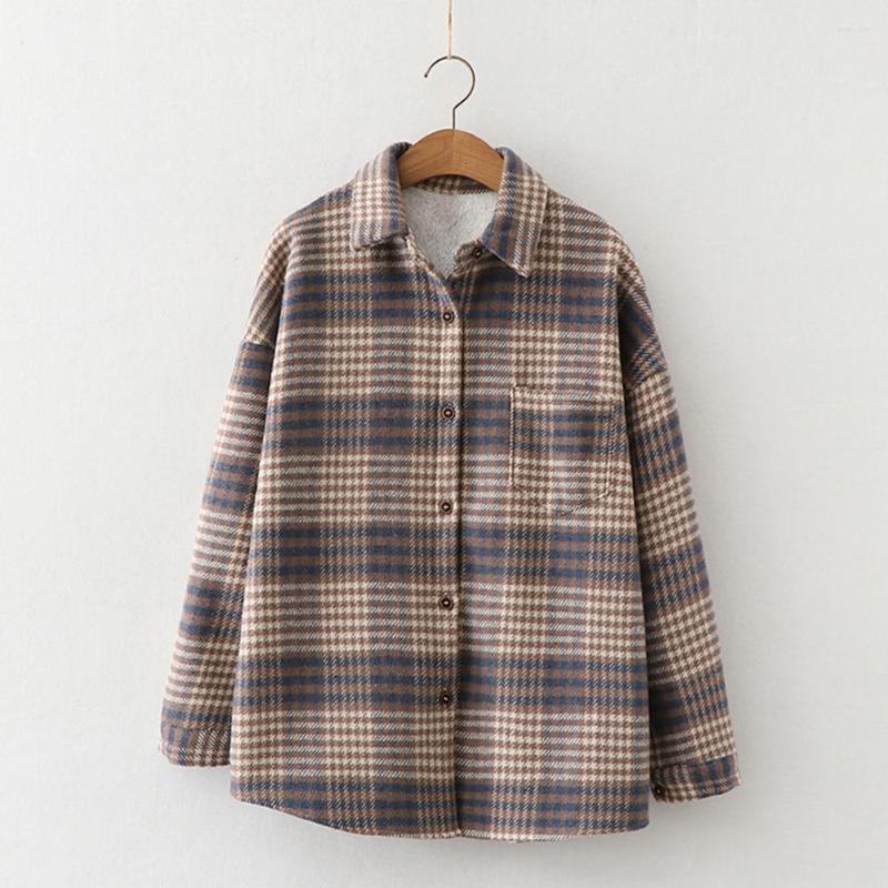 

Women' Blouses Shirts Women Autumn Lapel Long Sleeves Patch Pocket Single Breasted Woolen Coat Fluffy Lining Plaid Print Shirt Jacket, Khaki