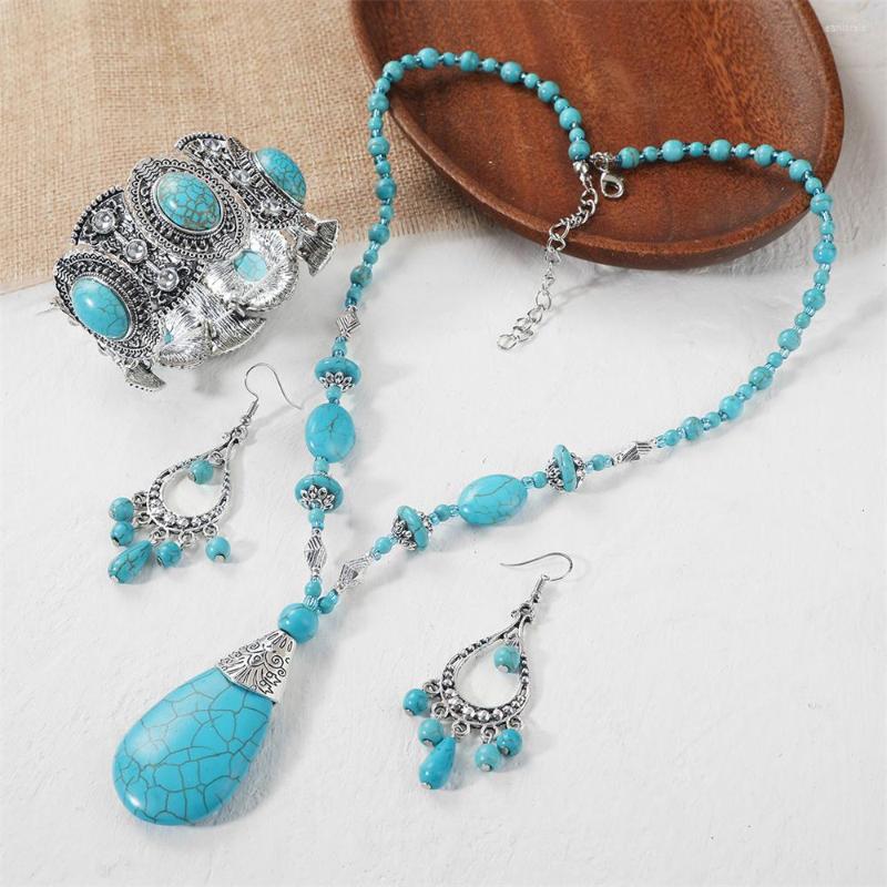 

Necklace Earrings Set Boho Jewelry Vintage Pendants Necklaces Bracelets Ethnic Natural Turquoise Ladies Party, Picture shown