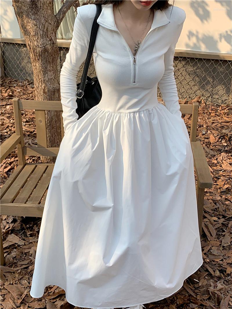 

Casual Dresses Autumn Women Elegant Midi A Line Boho White Black Shirt Dress Female Vestdios Lady One Piece Fashion Robe Clothes