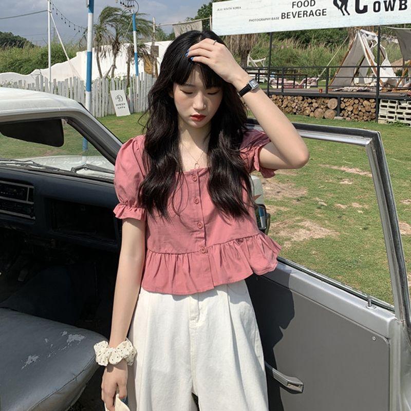 

Women' Blouses Women Blouse Ruffled Short Sleeves Female Summer High Waist Puff Sleeve Top Blusas Mujer De Moda, Pink