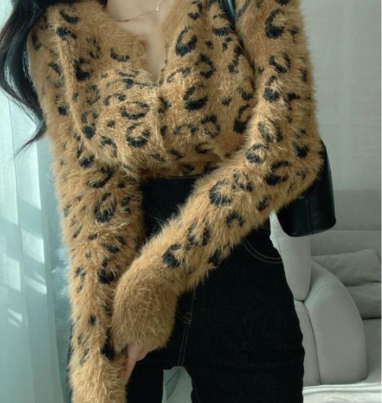 

Wool Women' Sweaters Leopard Single Breasted Knitted Cardigan Korean Fashion Chic Autumn Winter Fluffy Sweate, 02