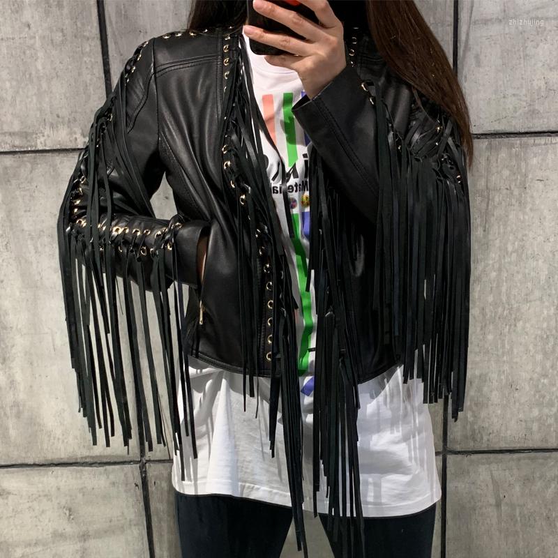 

Women' Leather Lady Genuine Sheep Short Jacket Real Tassel, Black