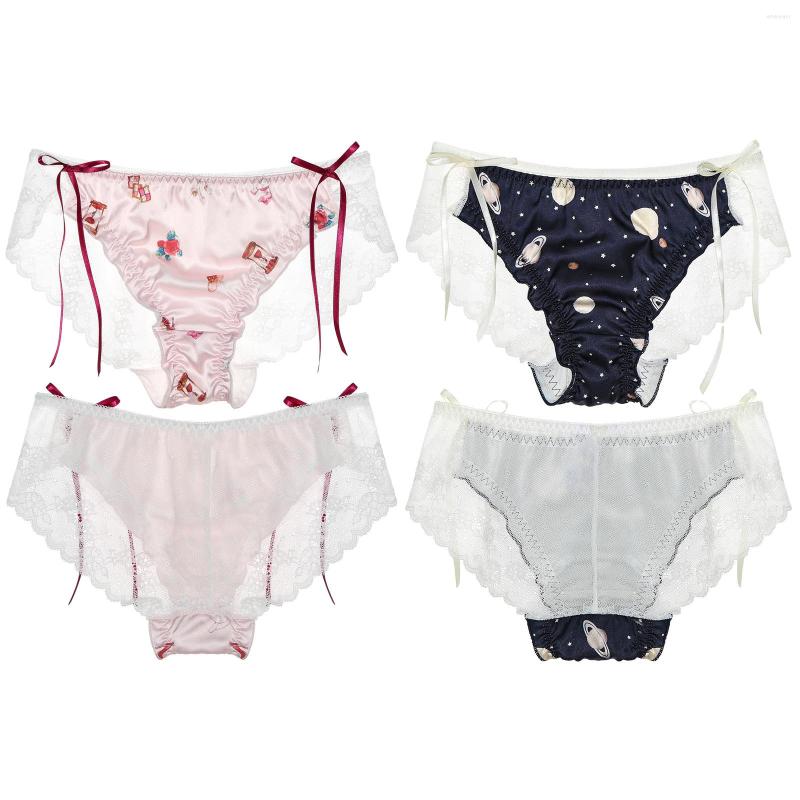

Men's G Strings Sissy Briefs Crossdress Cosplay Panties Elastic Waistband Bowknot Adorned Print See-through Lace Back Underwear, Pink