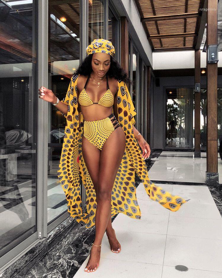 

Women' Tracksuits Adogirl Bikini 2022 3 PCS Set Swimwear Women Sexy Print Beach Wear High Waist Bandage Swim Suit Cardigan Cover Up Bathing, Yellow set