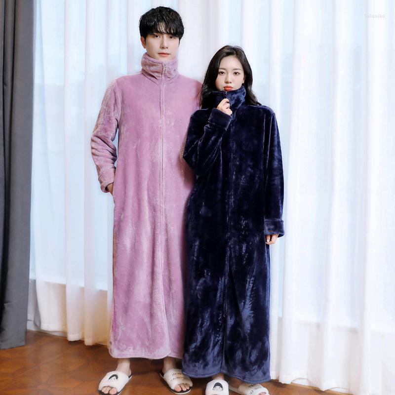 

Women's Sleepwear 2022 Winter Thicken Long Flannel Kimono Robe Unisex Zipper Nightgown Casual High Collar Homewear With Pocket, Men light gray