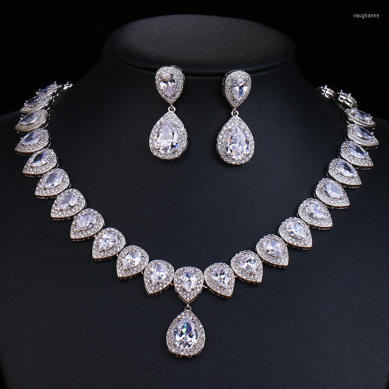 

Necklace Earrings Set AMC Luxury Water Drop Zircon For Women And Earring Bridal Wedding Party Accessories Gifts, Picture shown