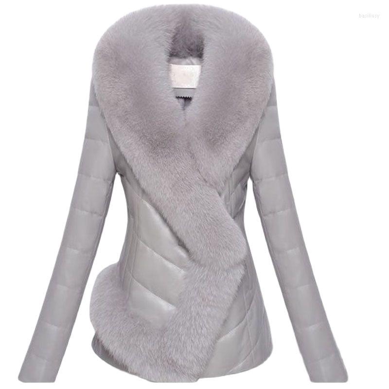 

Women' Leather Jacket Ladies Short Winter Plus Fleece Thicken Imitate Fur Collar Slim Temperament Fashion P Female Coat, Red