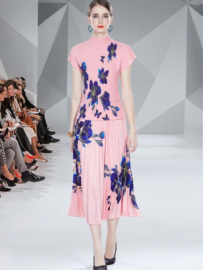 

Work Dresses Vintage Elegant Floral Print Stretched Pullovers Top A-Line Pleated Midi Long Skirts Fashion Runway 2 Pcs Sets Casual Outfits, Pink