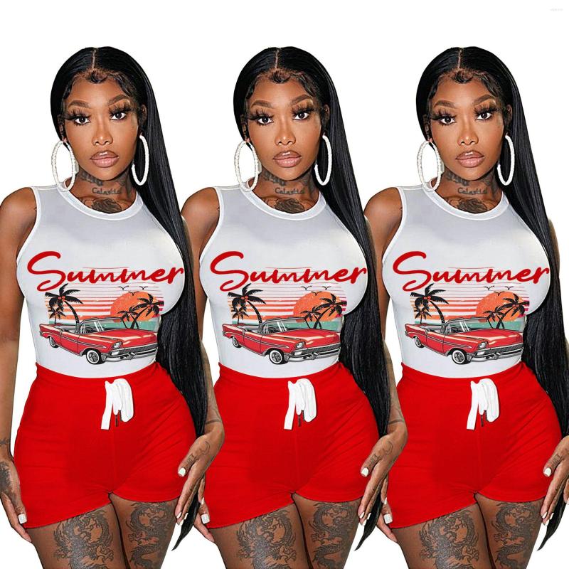

Women' Tracksuits Fitness Women 2 Piece Set Sleeveless Printed Sporty Vest Biker Shorts Matching 2022 Summer Activewear High Street, Red