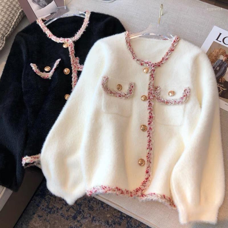 

Women's Jackets Mink Short Coat Korean Fashion Loose Knit Solid Color O-Neck Single-Breasted Women Clothes 2022 Spring Knitted Woolen Jacket, Ivory