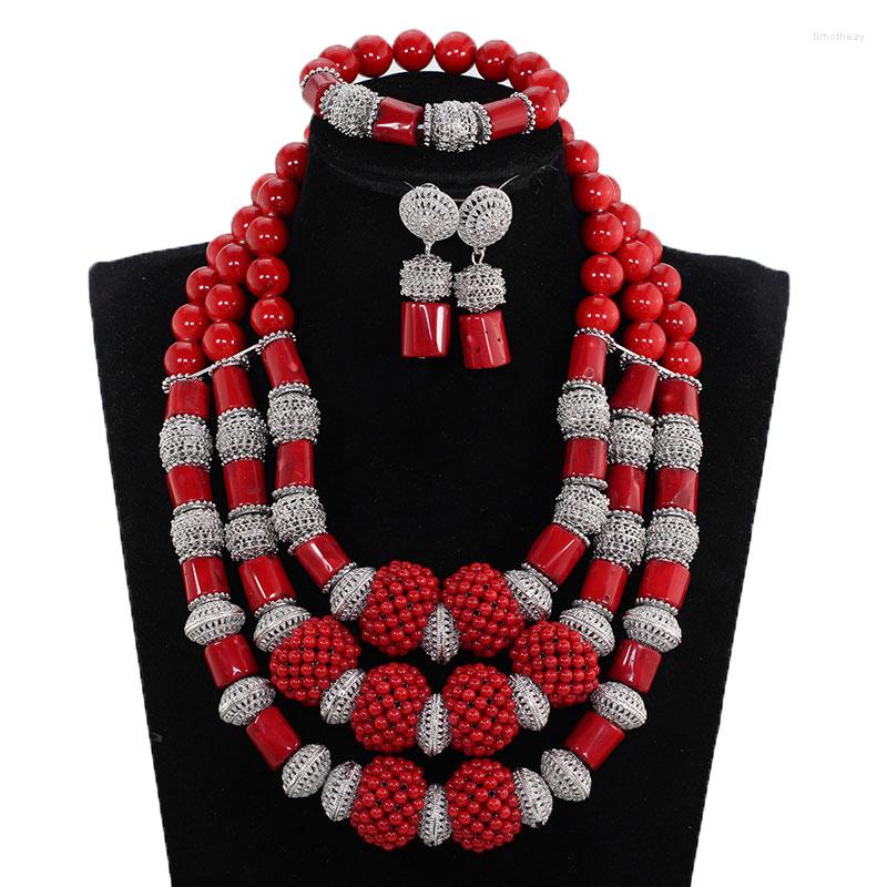 

Necklace Earrings Set African Red Coral For Women Red/Silver Bridal Beads Wedding CNR139, Picture shown