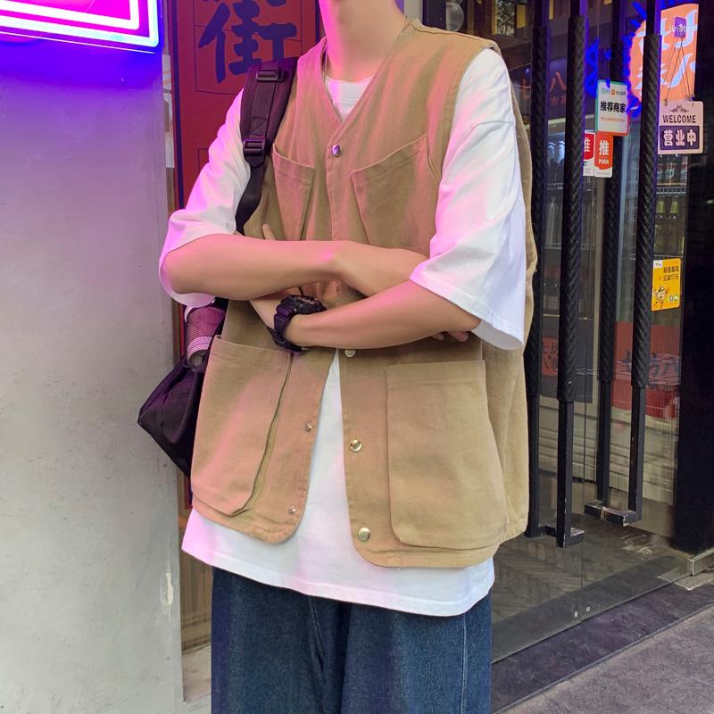 

Men's Vests E BOY Men Multi Pockets Solid Retro Male Cargo Waistcoats Japan Style Sleeveless Streetwear Hip Hop Ins Fashion V-neck, Black