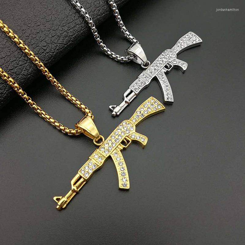 

Pendant Necklaces Men Hip Hop Rhinestones Paved Bling Iced Out Gold Silver Color Stainless Steel CSGO GUN Pendants Rapper Jewelry