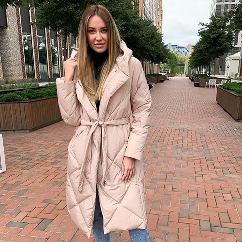 

Women' Trench Coats Fashion Tie Belt Waist Women Solid Long Argyle Parkas Ladies Elegant Zipper Hooded Loose Cotton Jackets Female JD1639, Black