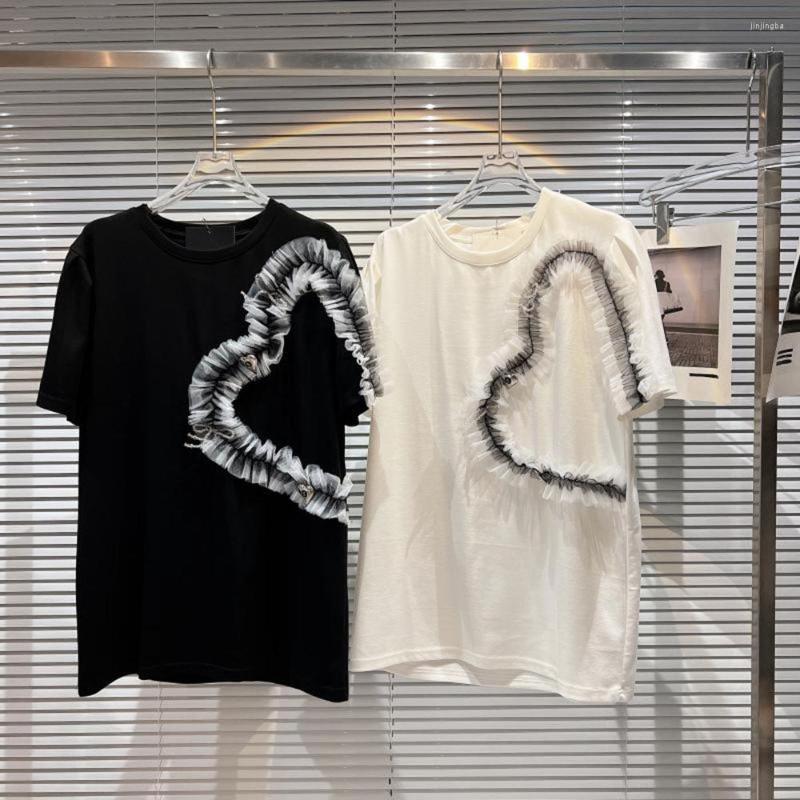 

Women's T Shirts 2022 Summer Cotton Mesh Stitching Ruffle Design Round Neck Loose Short Sleeves T-shirt Women's Casual Top Tees, Black