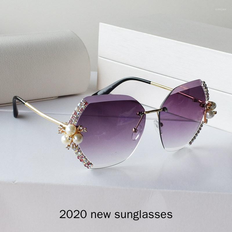 

Sunglasses Luxury Gray Brown Women Rhinestone Designer Diamond Gradual Rimless Pearl Sun Glasses Female Shades